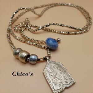 Chico's Long Pendant Necklace, Gold Bead Chain, Floral Fish Pendant, 39 Inches